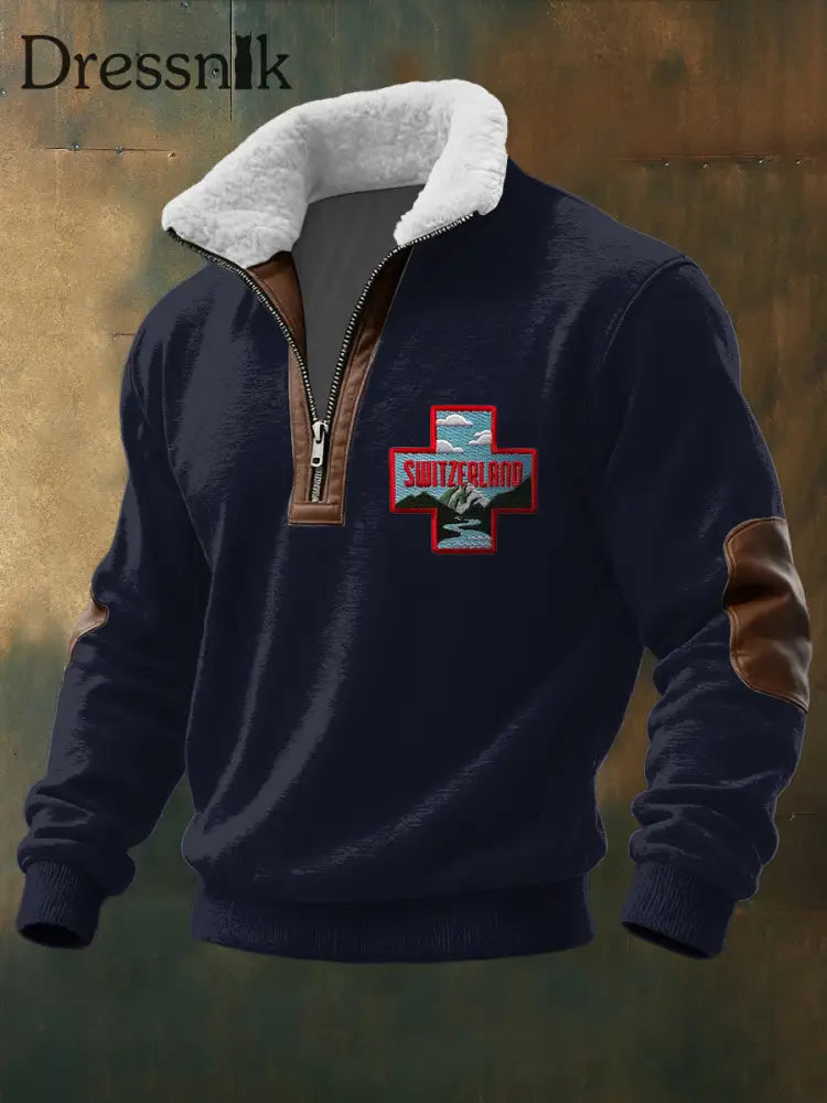 Herren Charmante Schweiz Landschaft Kreuz druck Sherpa-Kragen Pullover mehrfarbig / S