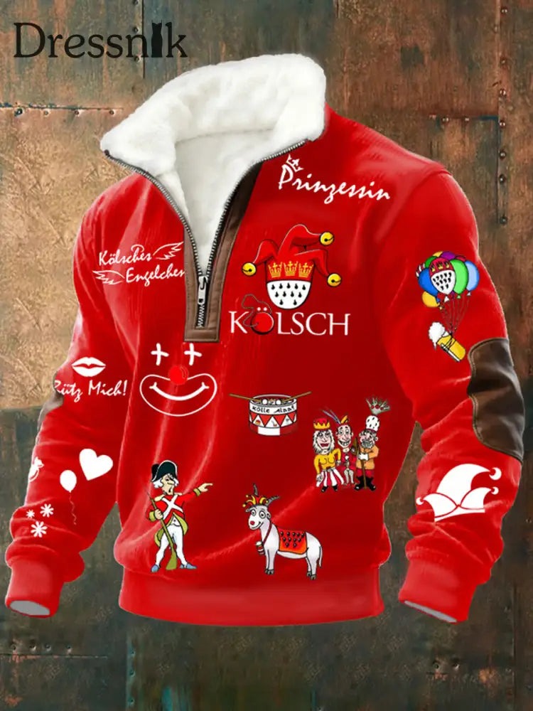 Herren Cologne Carnival Clown Print Plüsch-Ständer kragen hemd Rot / S