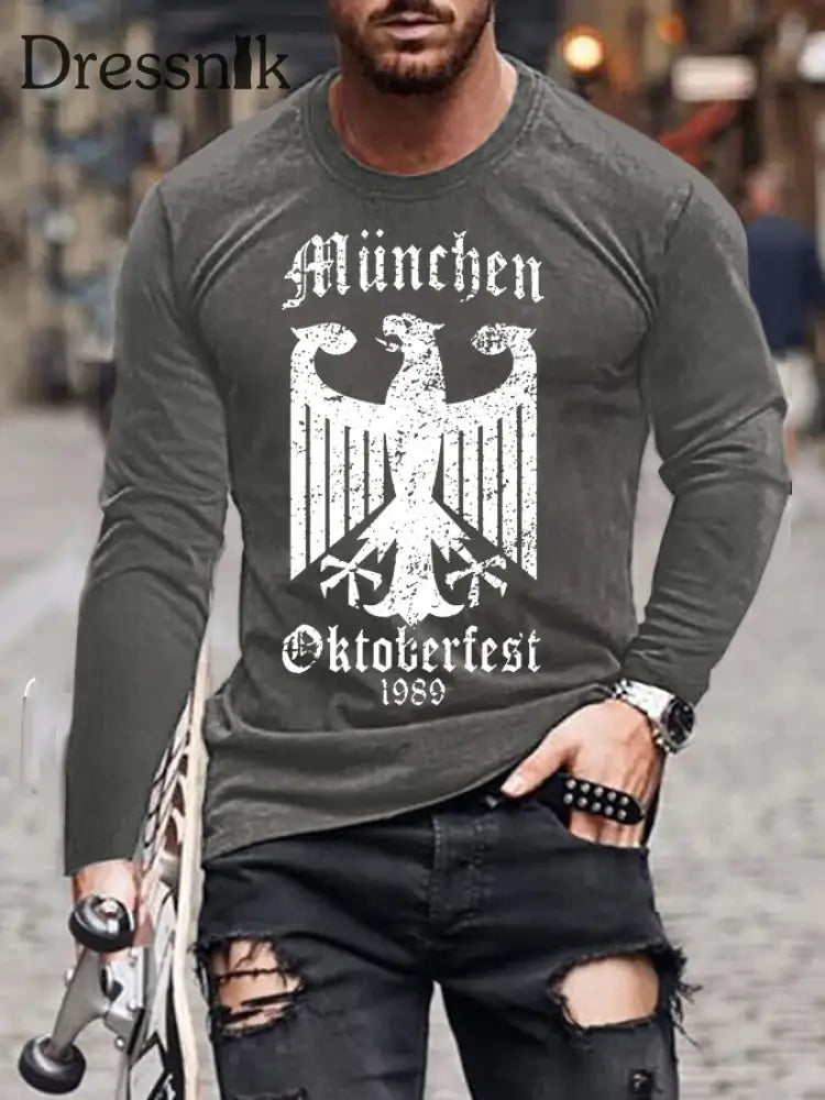 Herren CrewGerman Oktoberfest in München Langarm T-Shirt gedruckt Grau / S