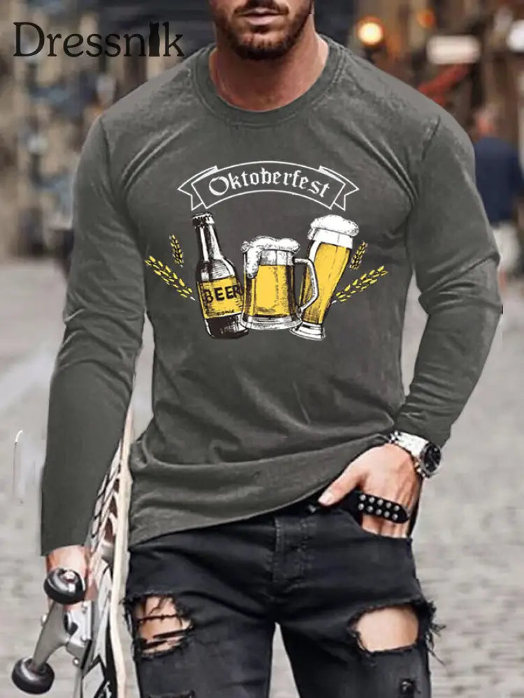 Herren CrewGerman Oktoberfest in München Langarm T-Shirt gedruckt Grau / S