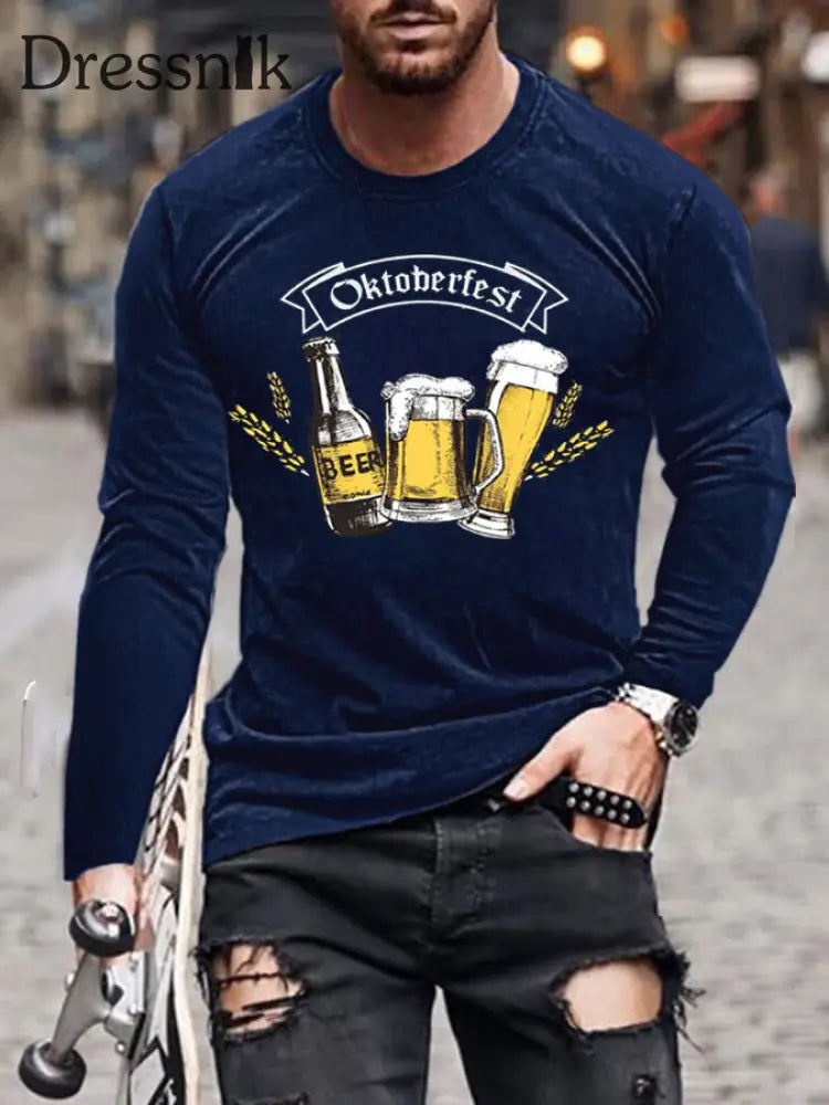 Herren CrewGerman Oktoberfest in München Langarm T-Shirt gedruckt Marineblau / S