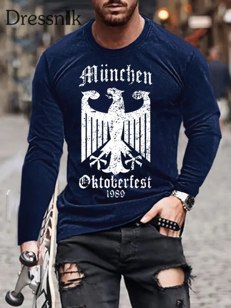 Herren CrewGerman Oktoberfest in München Langarm T-Shirt gedruckt Marineblau / S
