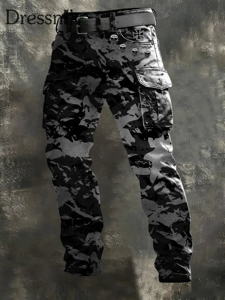 Herren Dark Camo Totenkopf & Deutsche Kreuz Cargo hosen mehrfarbig / S