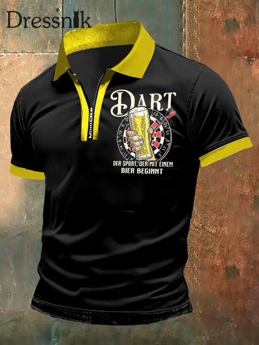 Herren Dart Print T-Shirt mit Reiß verschluss Polo-Ausschnitt Kurzarm Schwarz / S