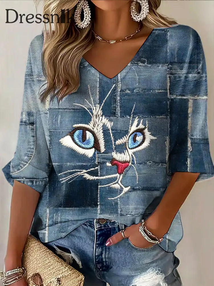 Herren Denim-Effekt Patchwork Cat Print Lässiger V-Ausschnitt Langarm blau / S