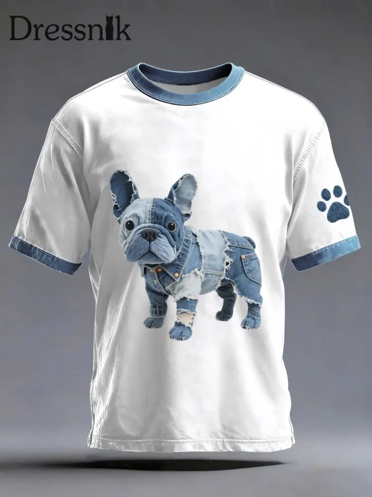 Herren Denim Patchwork Kunst Französische Bulldogge Muster gewaschen T-Shirt Weiß / S