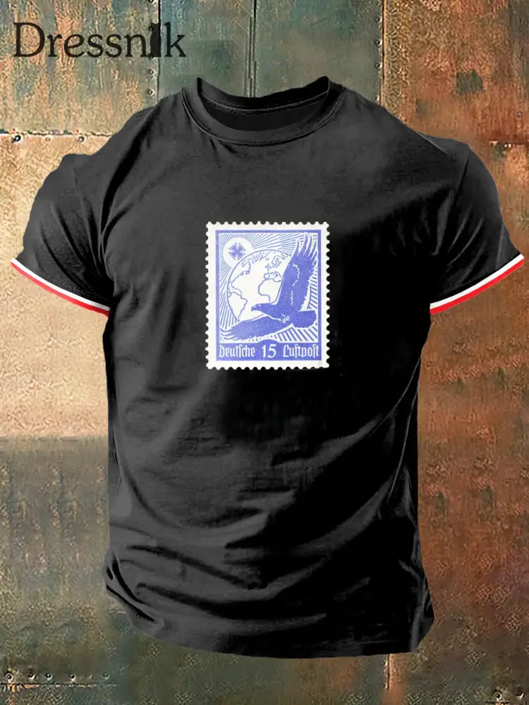 Herren Deutsch Luftpoft Print Vintage Mode Kurzarm T-Shirt Schwarz / S