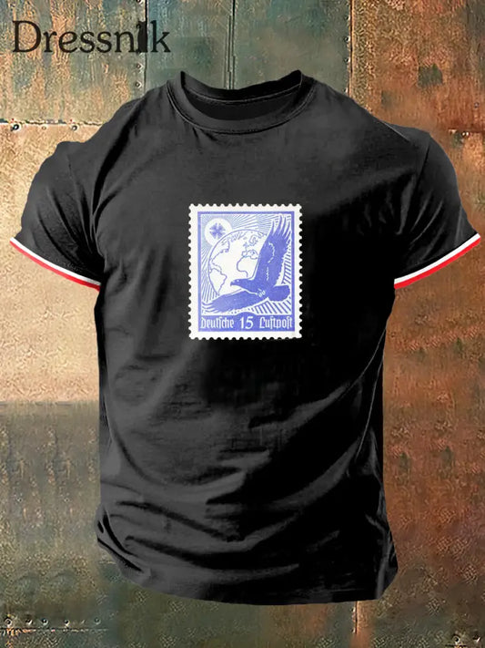 Herren Deutsch Luftpoft Print Vintage Mode Kurzarm T-Shirt Schwarz / S