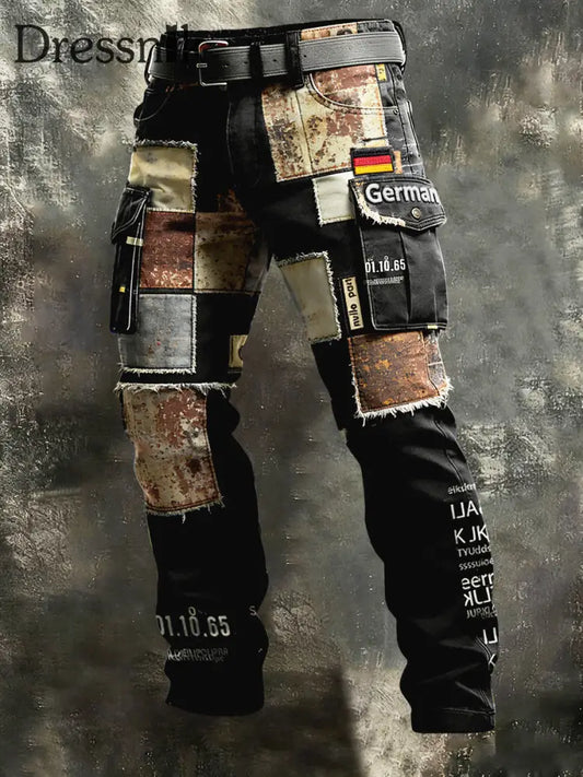 Herren deutsche Flagge Vintage Patchwork Print Freizeit hose Schwarz / S