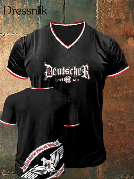 Herren Deutscher bedruckt Vintage Mode Kurzarm V-Ausschnitt T-Shirt Schwarz / S