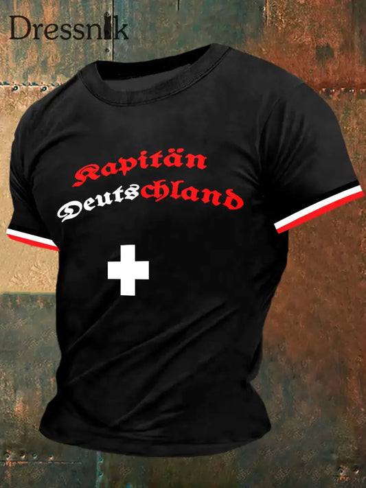 Herren Deutscher Kapitän Print Vintage Mode Kurzarm T-Shirt Schwarz / S
