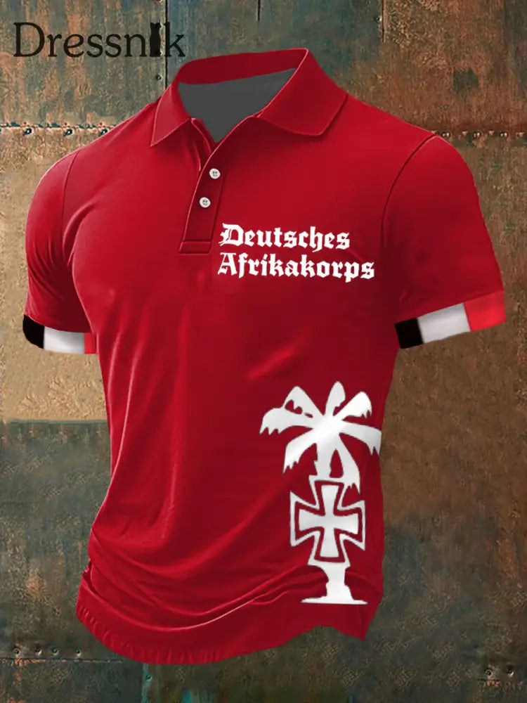 Herren Deutsches Afrika korps Bedrucktes Kurzarm-Polos hirt Rot / S
