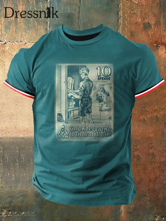 Herren Deutsches Art Print Vintage Mode Kurzarm T-Shirt blau / S