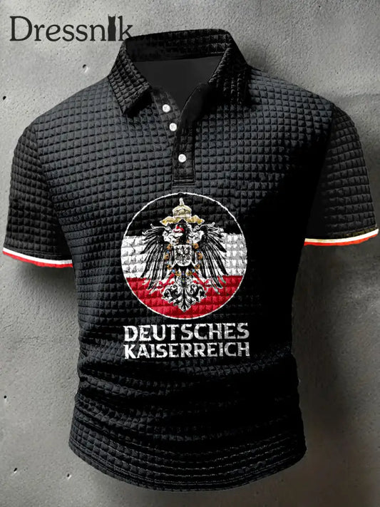 Herren Deutsches Kaiserreich Print Waffel Polo Hals Kurzarm T-Shirt Schwarz / S