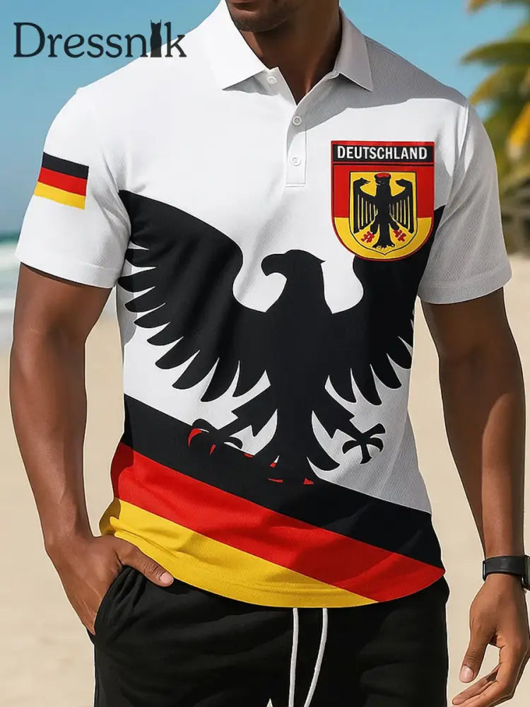 Herren Deutschland Flagge Bedruckt Athletisches Retro-Stil V-Ausschnitt kurze Ärmel Polo-Shirt A / S