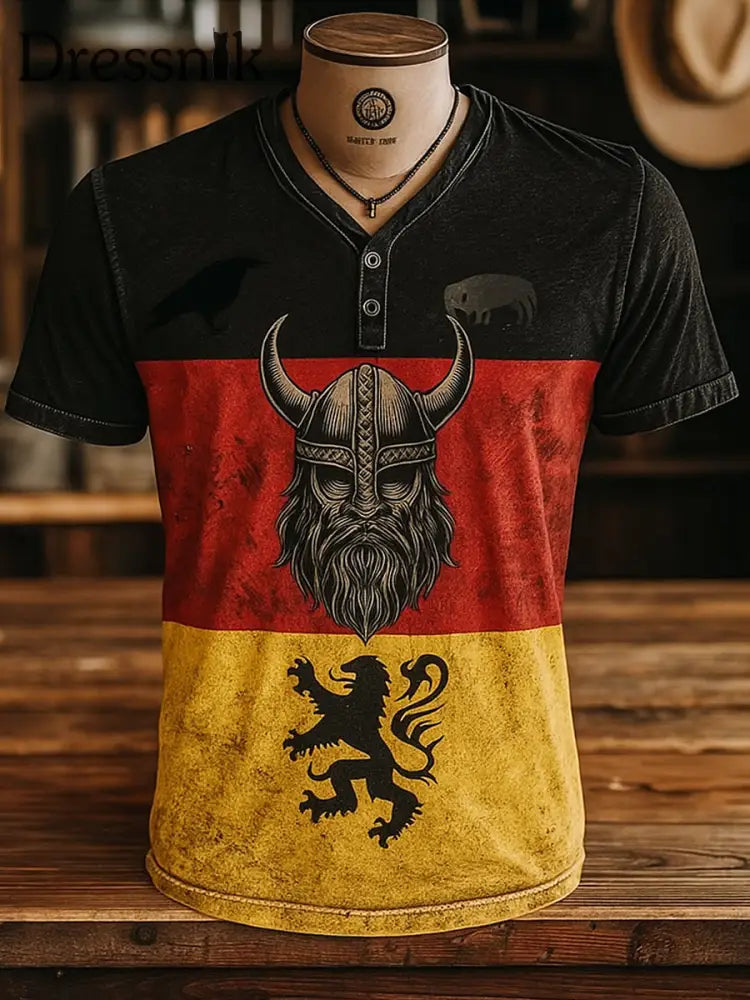 Herren Deutschland Flagge Viking Bedruckt V-Ausschnitt Retro Kurzarm Knopf T-Shirt A / S