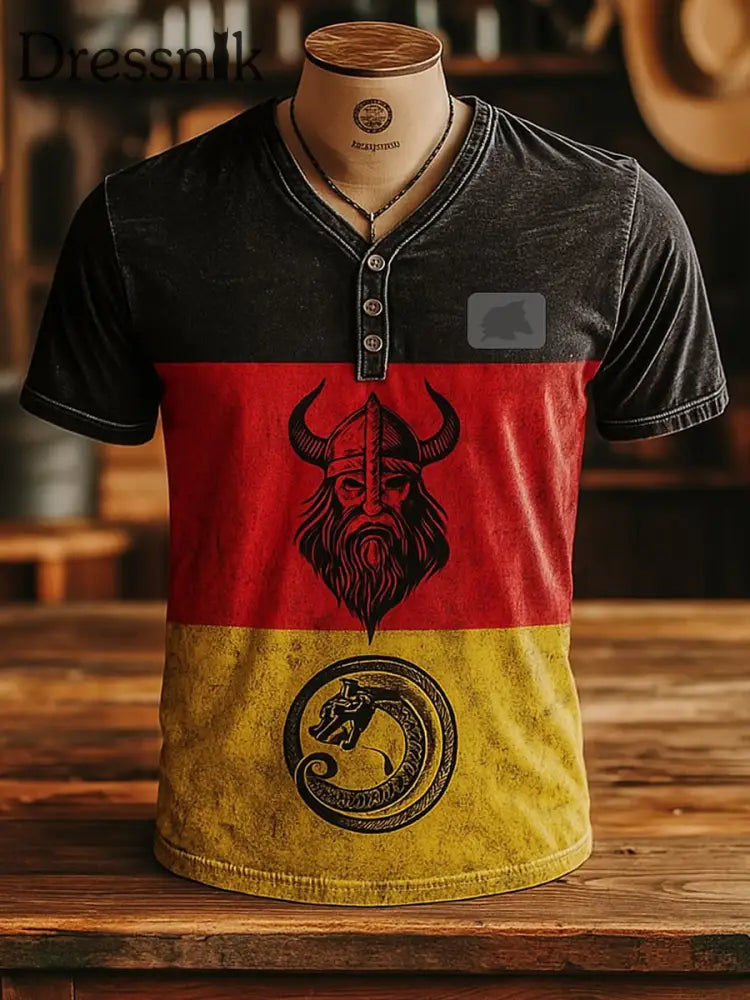 Herren Deutschland Flagge Viking Bedruckt V-Ausschnitt Retro Kurzarm Knopf T-Shirt A / S