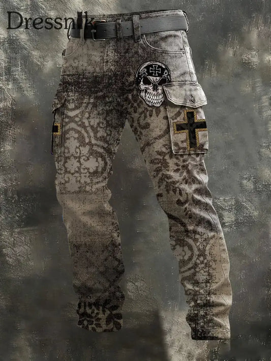 Herren Distressed Grau Deutsches Kreuz & Schädel Cargo Hosen mehrfarbig / S