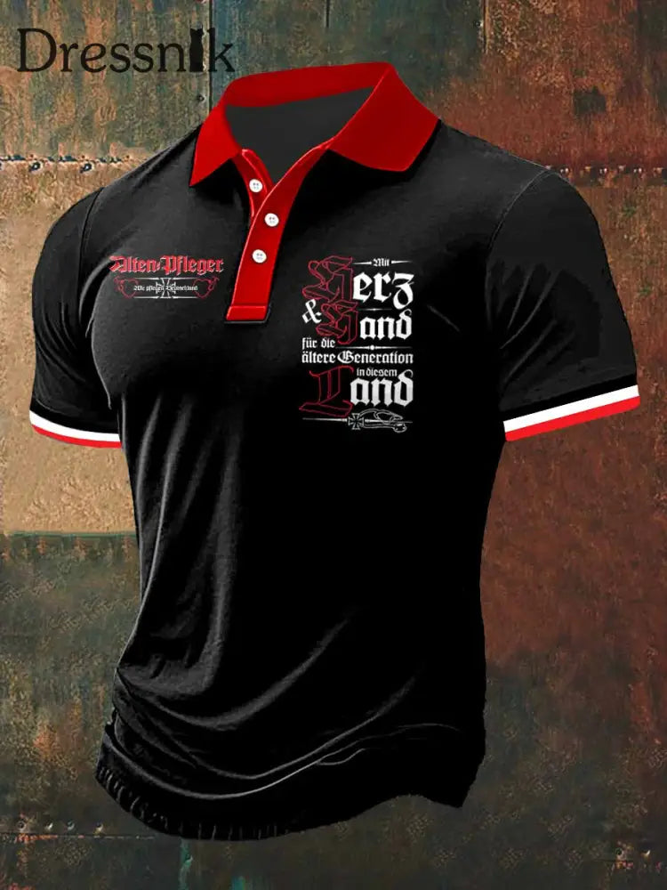 Herren Dlten Pfleger Print Polo Hals Kurzarm T-Shirt Schwarz / S