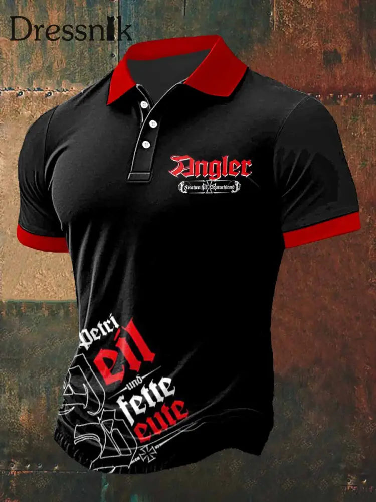 Herren Dngler Print Polo Hals Kurzarm T-Shirt Schwarz / S