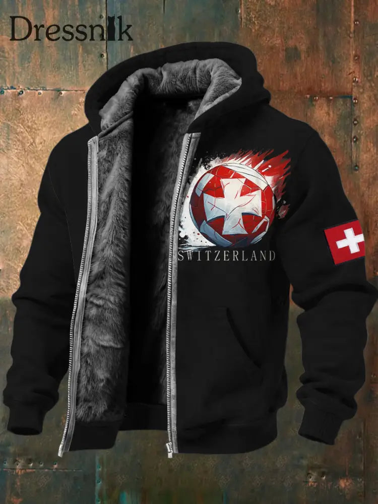 Herren Dynamische Schweizer Fußball Cross Print Fleece-Gelinierte Zip-Jacke mehrfarbig / S