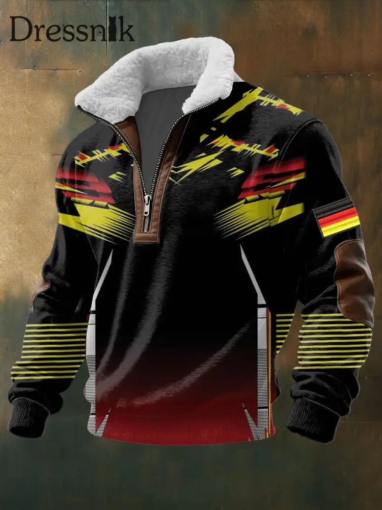 Herren dynamischer rot-gelber Blitz Deutschland Flagge Druck Sherpa Kragen Pullover mehrfarbig / S