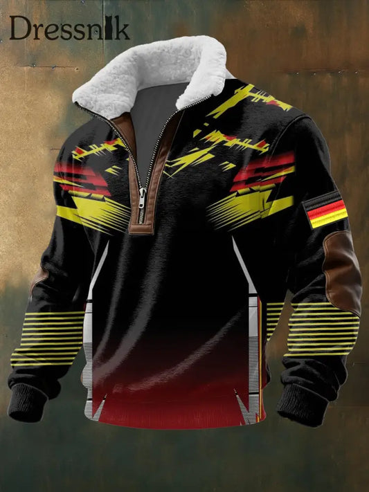 Herren dynamischer rot-gelber Blitz Deutschland Flagge Druck Sherpa Kragen Pullover mehrfarbig / S