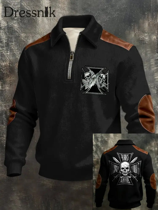 Herren Edgy Black ’Hail’ Doppels chädel mit Leder-Akzent Quarter-Zip-Sweatshirt mehrfarbig / S