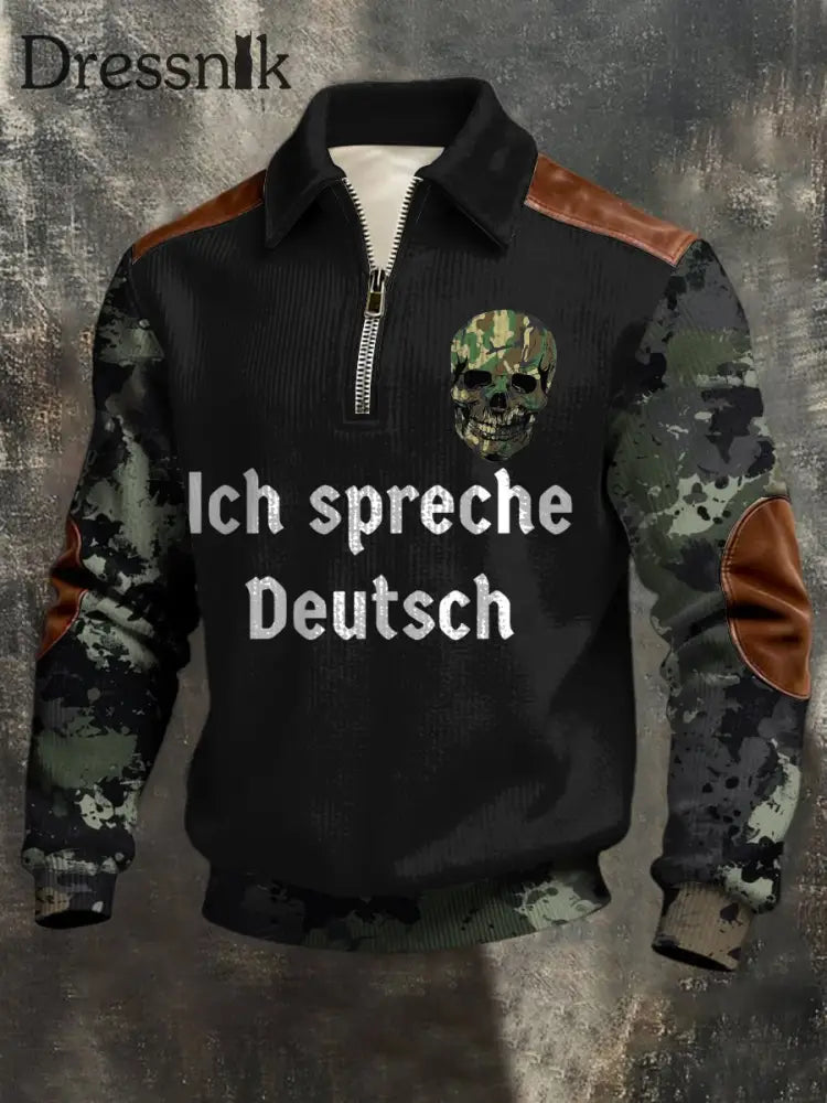 Herren Edgy Camo ’Ich spreche Deutsch’ Schädel Leder-Akzent-Quarter-Zip-Sweatshirt mehrfarbig / S