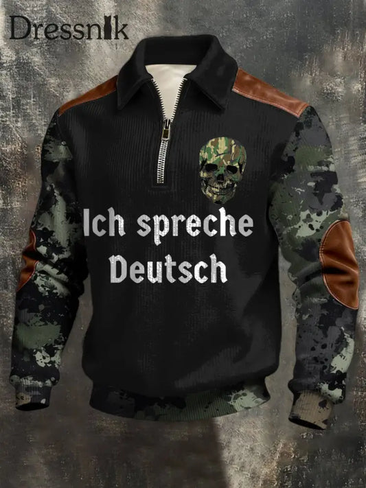 Herren Edgy Camo ’Ich spreche Deutsch’ Schädel Leder-Akzent-Quarter-Zip-Sweatshirt mehrfarbig / S