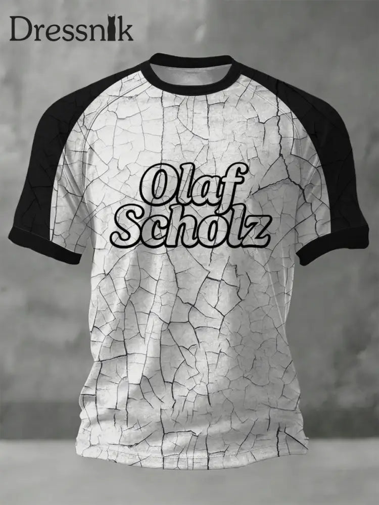 Herren Edgy Crackle-Print ’Olaf Scholz’ Ringer T-Shirt mehrfarbig / S