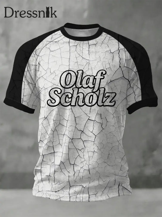 Herren Edgy Crackle-Print ’Olaf Scholz’ Ringer T-Shirt mehrfarbig / S