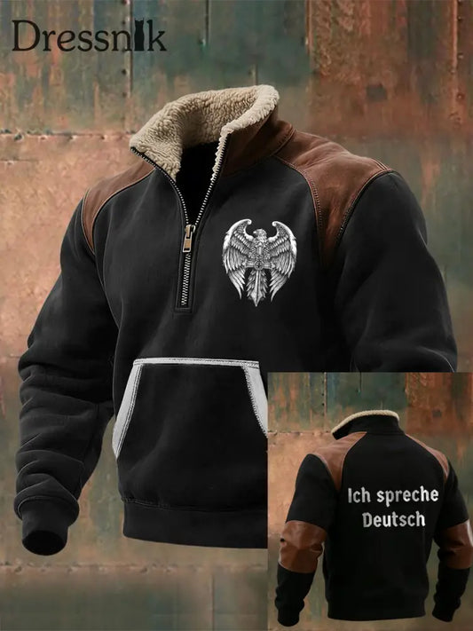 Herren Edgy German Eagle & ’Ich spreche Deutsch’ Leder-Akzent-Sherpa-Sweatshirt mehrfarbig / S