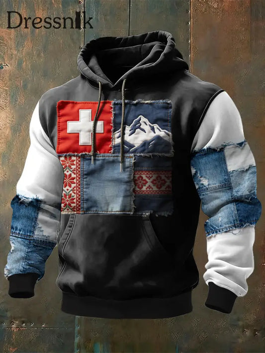 Herren Edgy Patchwork Swiss Cross & Mountain Print Denim-Accent Hoodie mehrfarbig / S