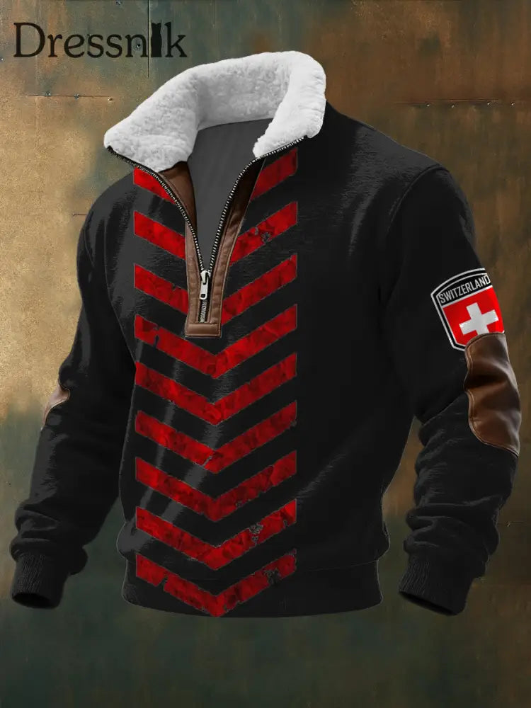 Herren Edgy Red Chevron Schweizer Cross Print Sherpa-Kragen Pullover mehrfarbig / S