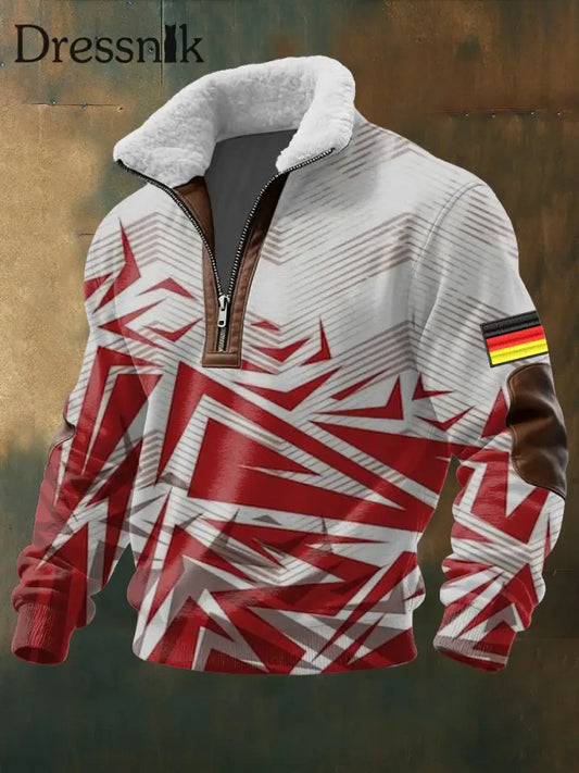 Herren Edgy Red-Geometrische Deutschland Flagge Print Sherpa Kragen Pullover mehrfarbig / S