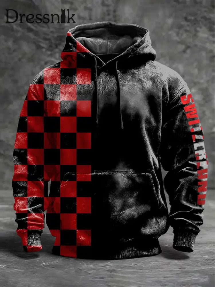 Herren Edgy Rot-Schwarz Kariert Schweiz Print Hoodie mehrfarbig / S
