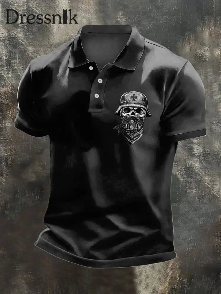Herren Edgy Schwarz Deutscher Soldat Schädel Grafik Polo Shirt mehrfarbig / S