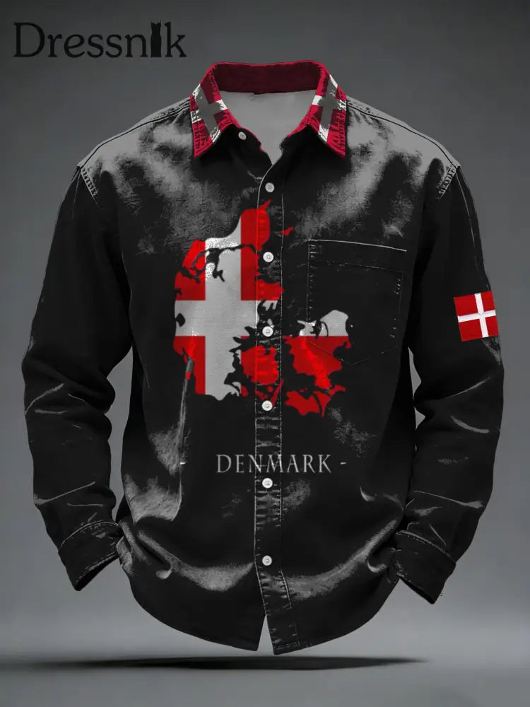 Herren Edgy Schwarz & Rot Dänemark Karte Muster Shirt mehrfarbig / S