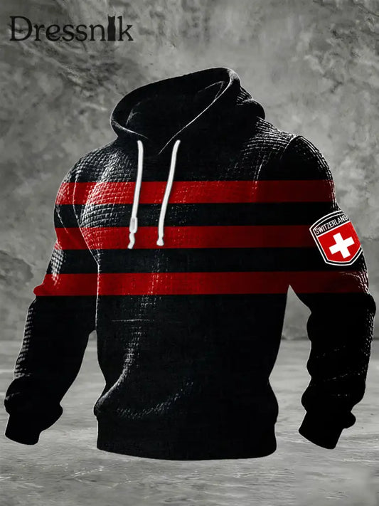 Herren Edgy Schwarz & Rot Gestreift Schweizer Abzeichen Print Waffel-Strick-Hoodie mehrfarbig / S