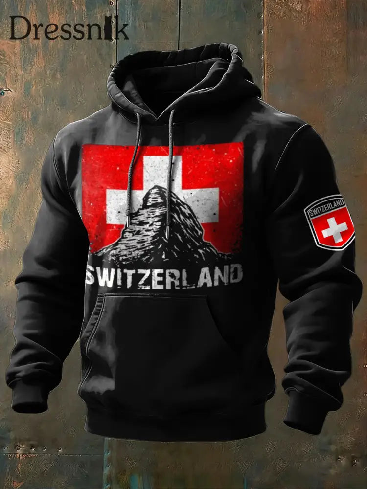 Herren Edgy Schweizer Flagge & Matterhorn Print Hoodie mehrfarbig / S