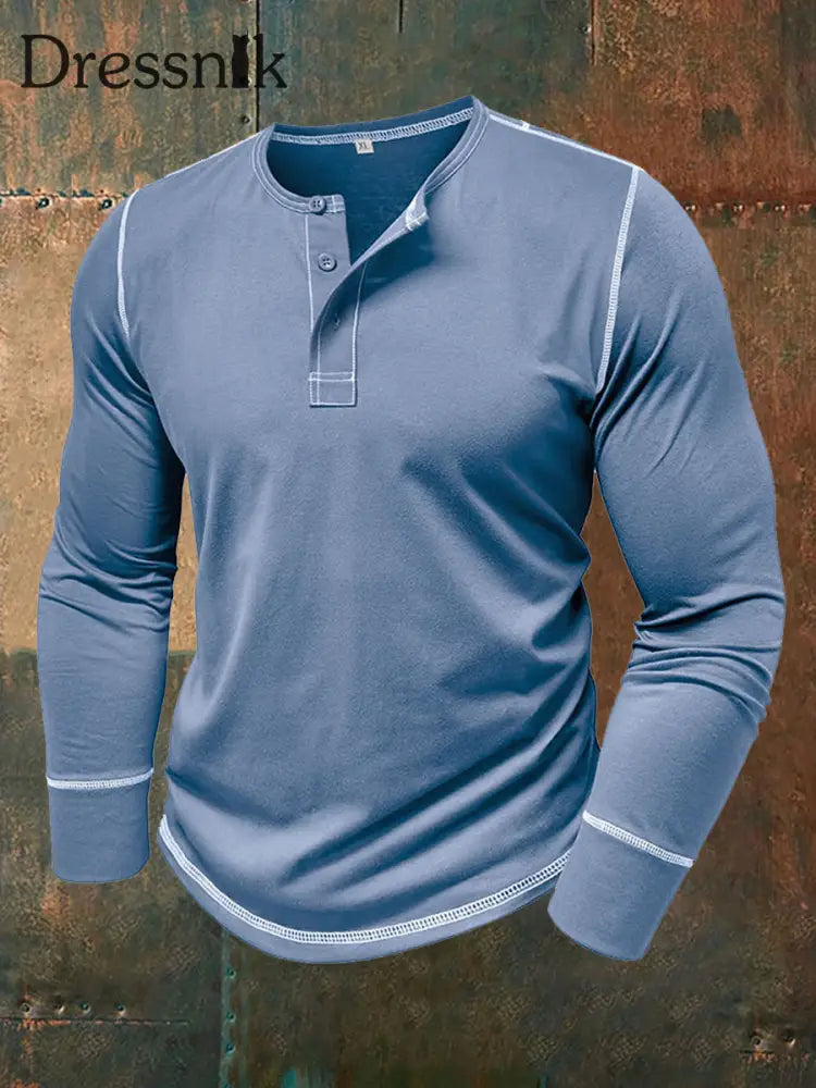 Herren einfarbig Lässiges Henley-Kragen-T-Shirt Blau / S