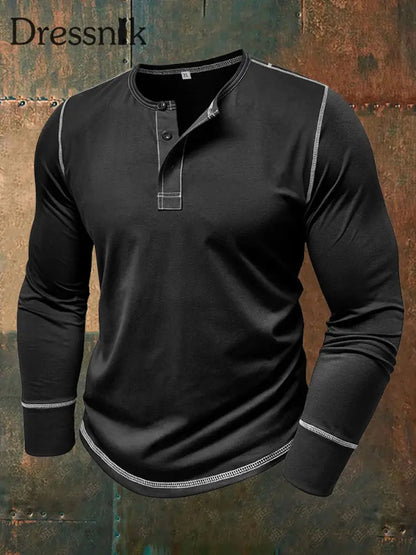 Herren einfarbig Lässiges Henley-Kragen-T-Shirt Schwarz / S
