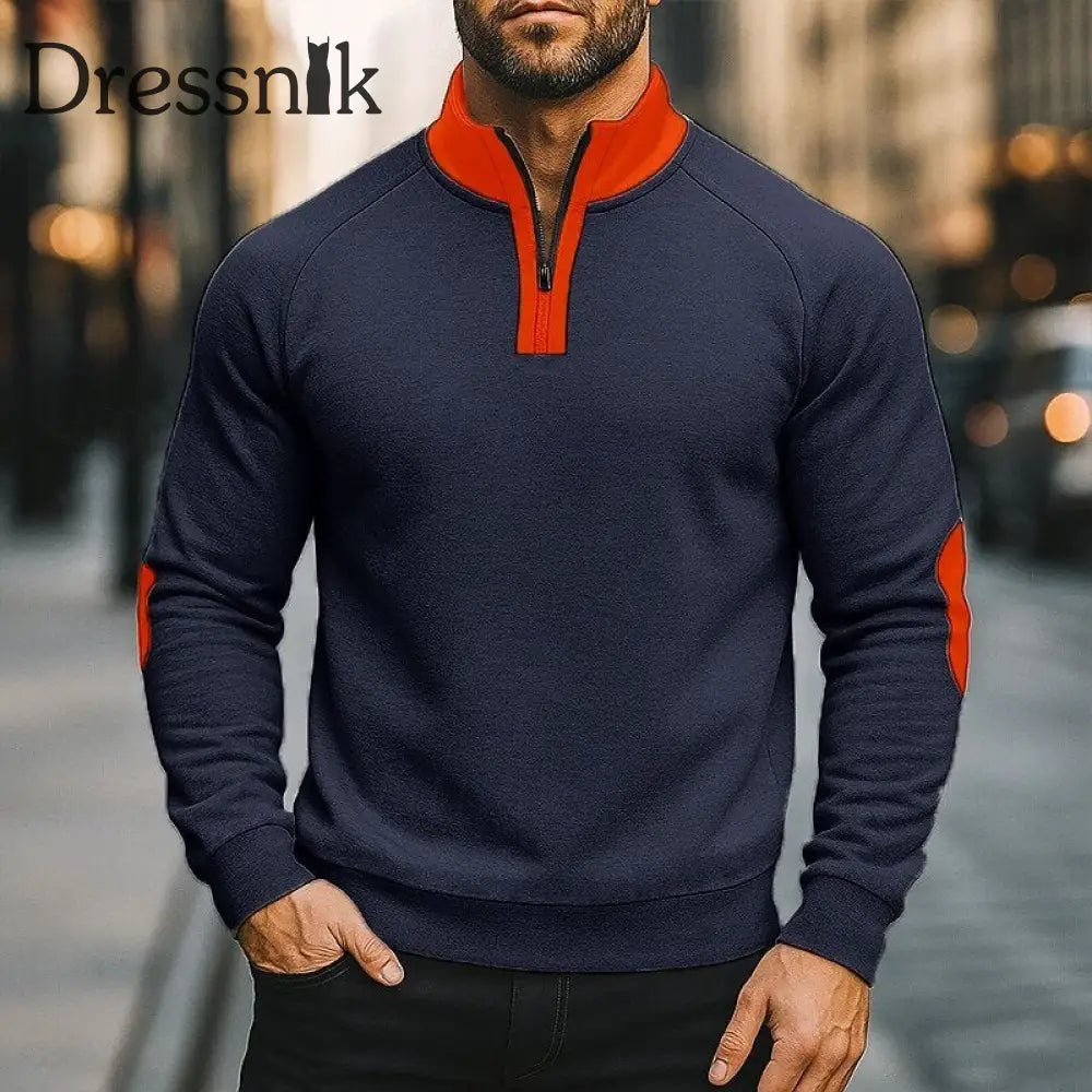 Herren einfarbiger Halb-Zip-Pelz-Pullover Marineblau / S