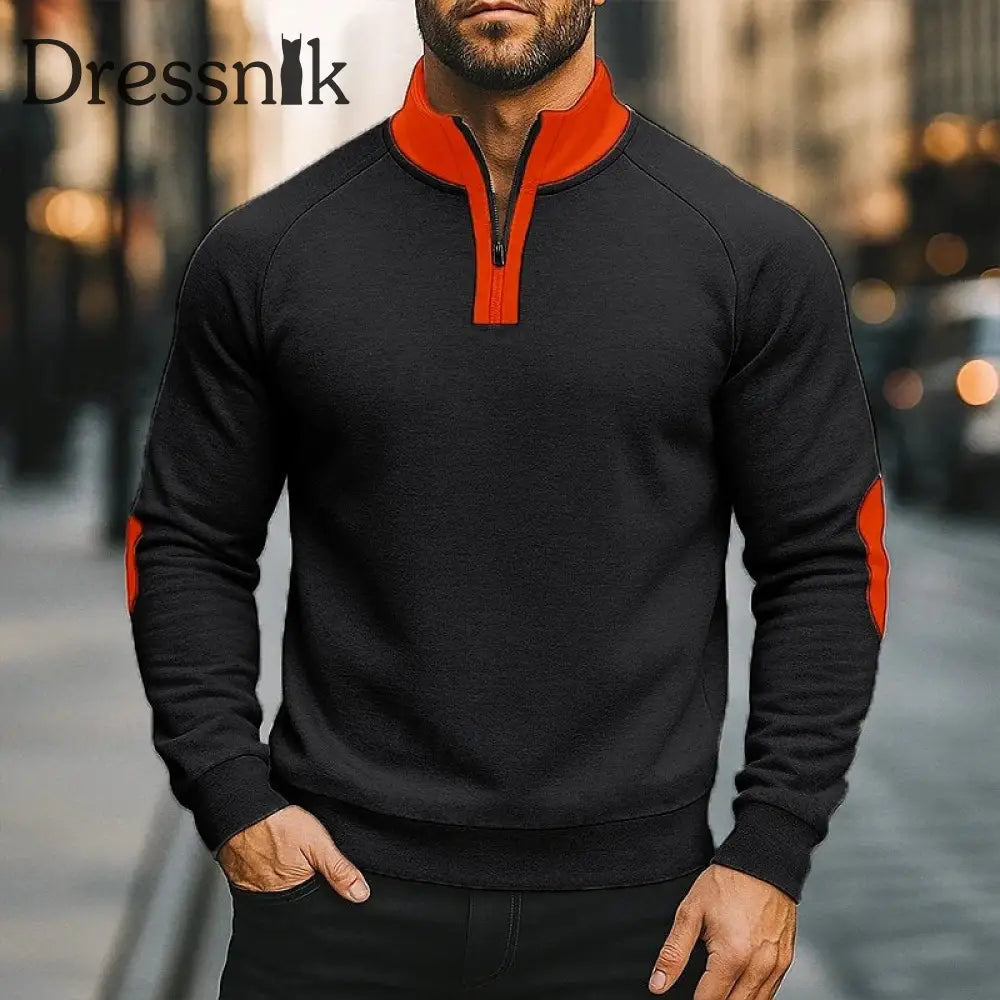 Herren einfarbiger Halb-Zip-Pelz-Pullover Schwarz / S