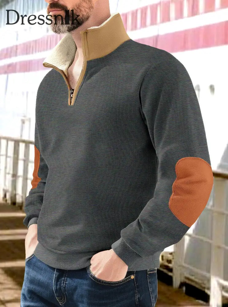 Herren einfarbiger Pullover mit Half-Zip-Pelz kragen Dunkelgrau / S