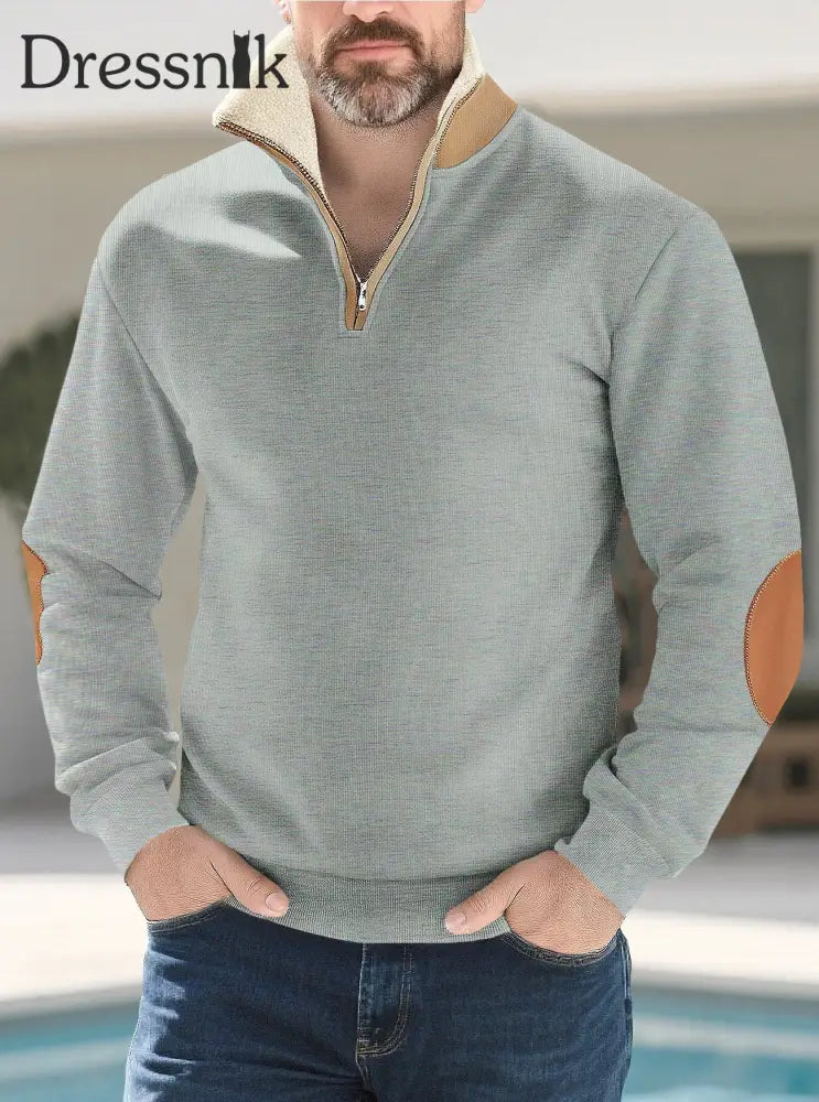 Herren einfarbiger Pullover mit Half-Zip-Pelz kragen Hellgrau / S