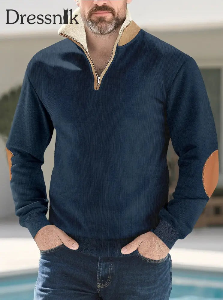 Herren einfarbiger Pullover mit Half-Zip-Pelz kragen Marineblau / S