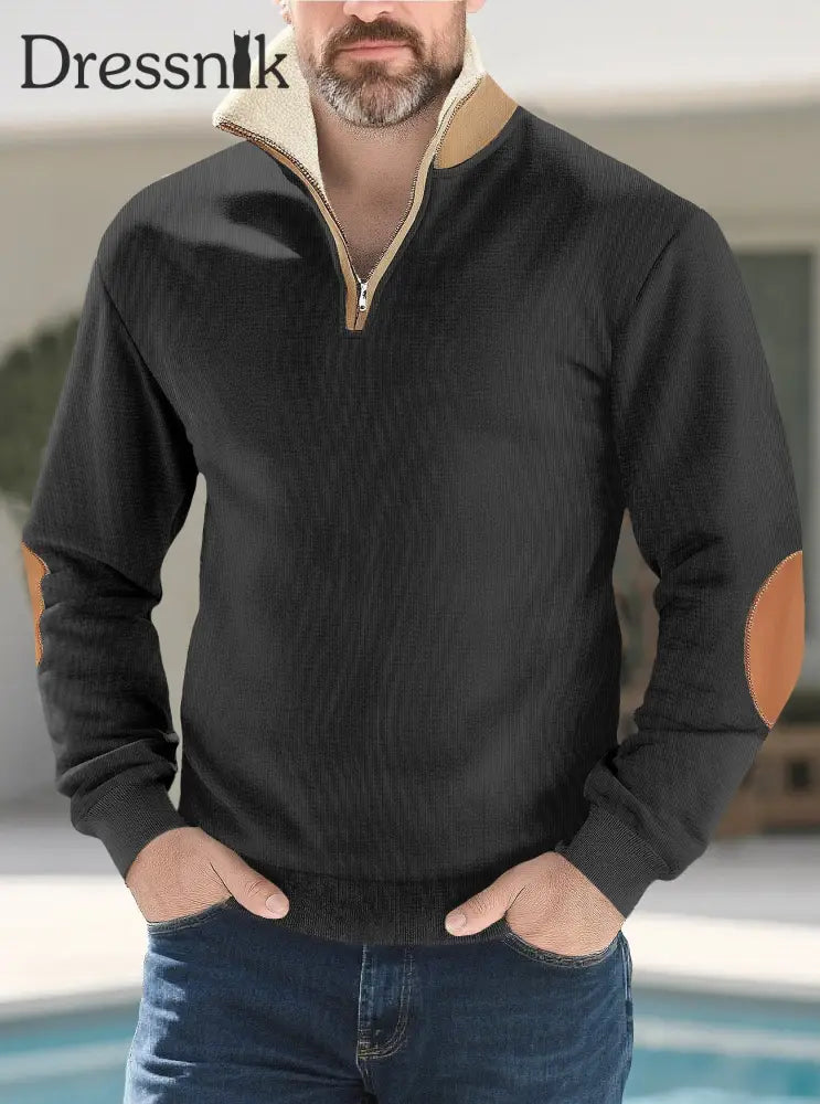 Herren einfarbiger Pullover mit Half-Zip-Pelz kragen Schwarz / S