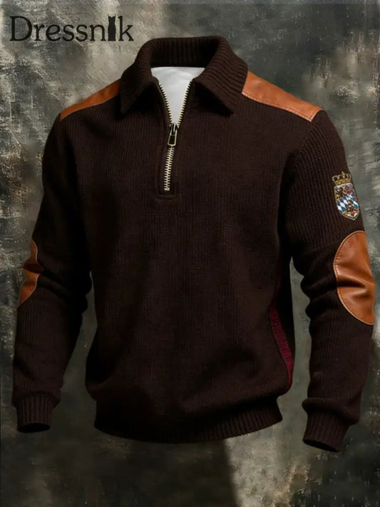 Herren Elegantes braunes Wappen-Emblem-Leder-Akzent-Sweatshirt mit viertem Reiß verschluss mehrfarbig / S